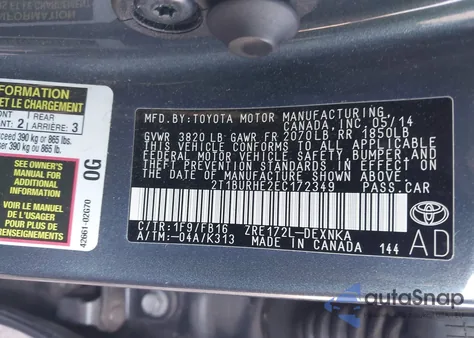 2014 Toyota Corolla Le from USA, damaged, VIN 2T1BURHE2EC172349